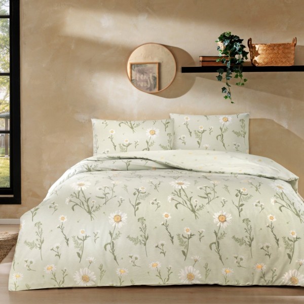 Lenjerie de pat TAC Laurel din bumbac 100% ranforce, design floral cu flori de margarete pe fundal verde pal