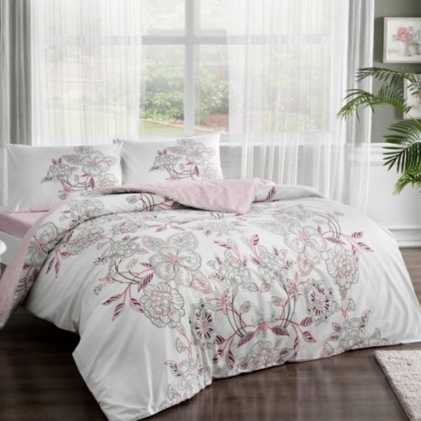 Lenjerie de pat dublu bumbac 100% ranforce cu model floral elegant roz și gri pe fundal alb