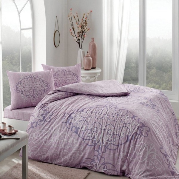 Lenjerie de pat dublu cu design elegant lila și crem cu motive florale, bumbac 100% ranforce