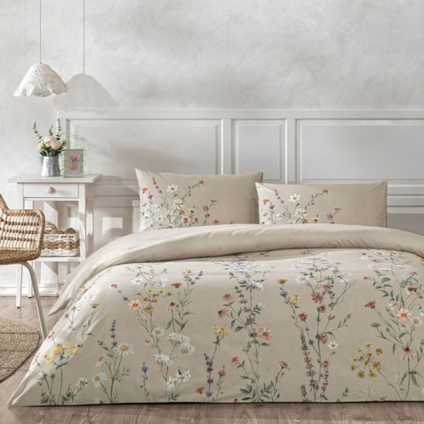 Lenjerie de pat TAC Lunel din bumbac 100% ranforce bej cu imprimeu floral de câmp multicolor