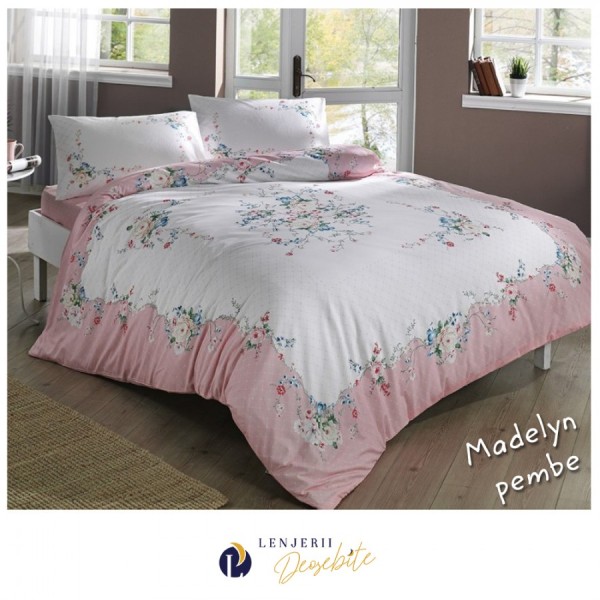 Lenjerie de pat dublu bumbac 100% ranforce roz pal și alb cu model floral - Tac Madelyn Pembe