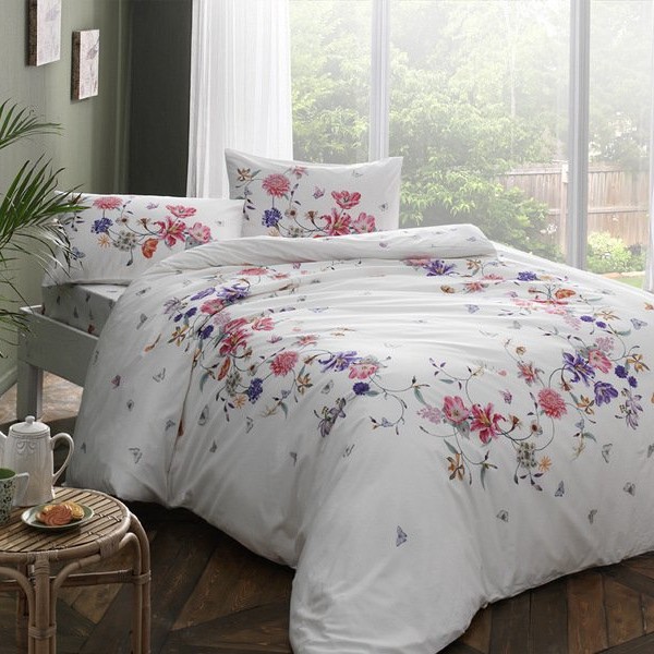 Lenjerie de pat dublu bumbac 100% ranforce Tac Madonna, design floral viu colorat, alb, roz, mov și portocaliu
