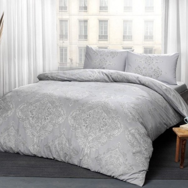 Lenjerie de pat dublu bumbac 100% Ranforce Mirabel Gri cu design elegant în nuanțe de gri și motive florale delicate