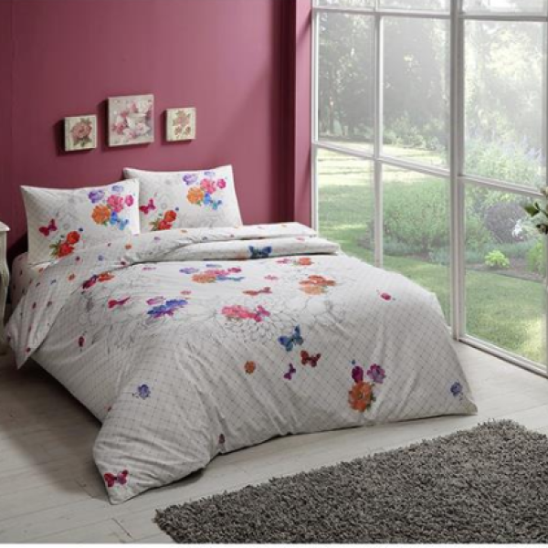 Lenjerie de pat dublu bumbac 100% ranforce Tac Nancy Pembe, design floral și fluturi, alb, roz, mov și portocaliu