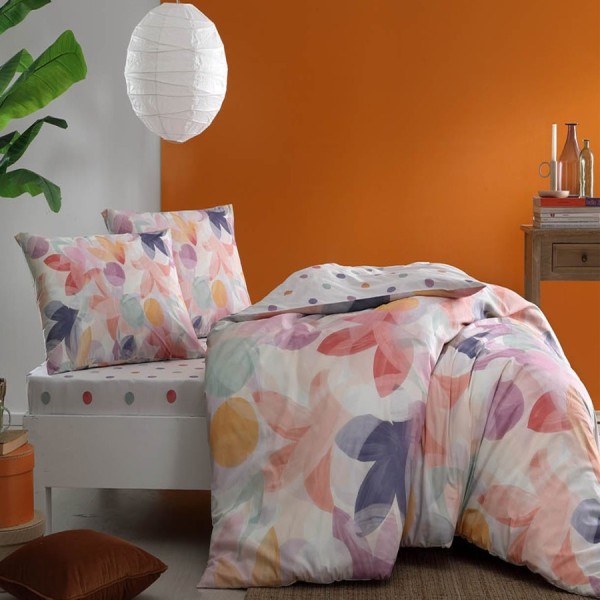 Lenjerie de pat dublu Tac din bumbac ranforce, design floral pastelat în nuanțe de roz, mov, galben și albastru