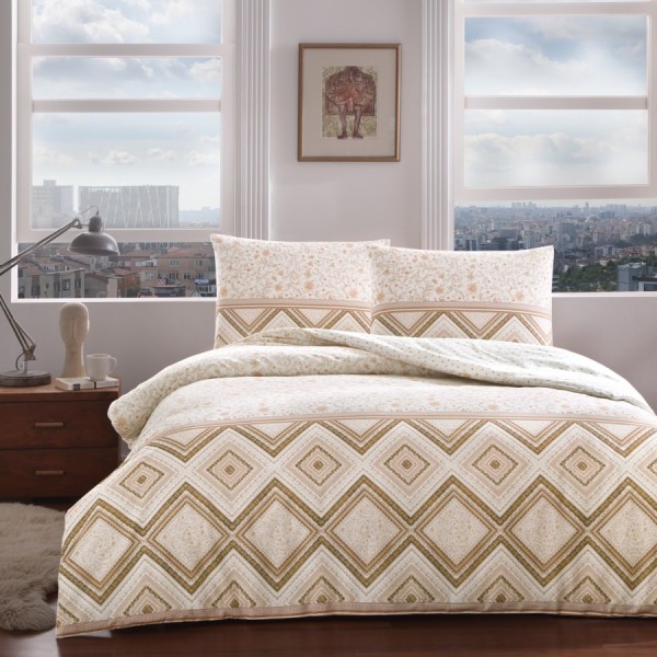 Lenjerie de pat TAC Perry Maro din bumbac 100% ranforce, design geometric în nuanțe de maro și alb