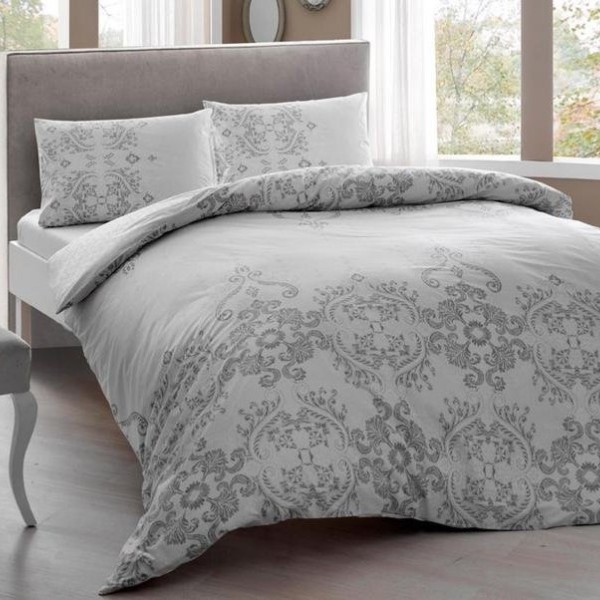 Lenjerie de pat dublu bumbac 100% ranforce Tac Romina, design damasc elegant, alb și gri