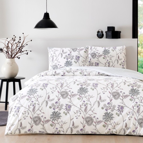 Lenjerie de pat TAC Rosie din bumbac 100% ranforce, design floral în nuanțe de mov și gri