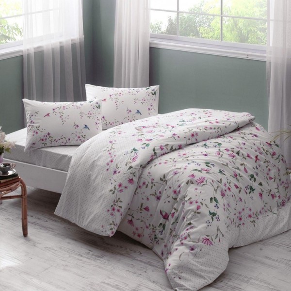 Lenjerie de pat dublu bumbac 100% ranforce Tac Rosina Lila, design floral delicat, alb, lila, roz și verde