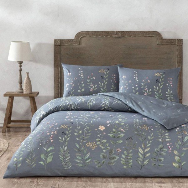 Lenjerie de pat TAC Serelis din bumbac 100% ranforce gri-albăstrui cu imprimeu floral elegant