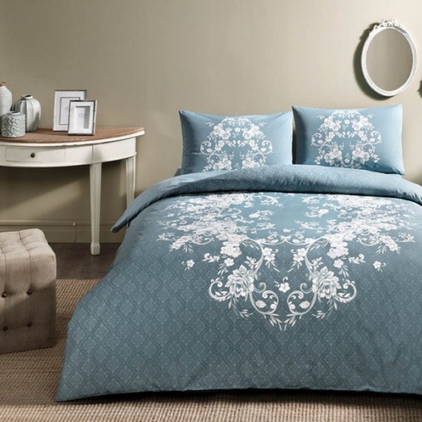 Lenjerie de pat dublu bumbac 100% ranforce TAC Sonya albastru-alb cu motive florale elegante
