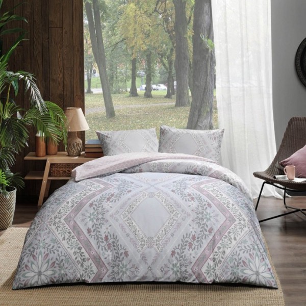 Lenjerie de pat dublu din bumbac 100% ranforce, model Valeria, cu design floral și geometric în nuanțe de gri și roz.