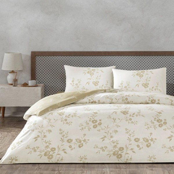 Lenjerie de pat dublu TAC Vellise Floral din bumbac 100% ranforce crem cu imprimeu bej