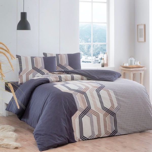Lenjerie de pat din bumbac 100% ranforce cu design geometric în nuanțe de maro și crem, TAC
