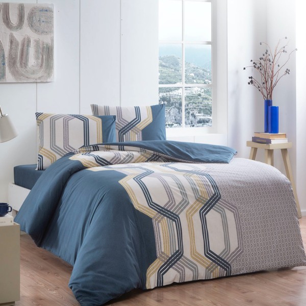 Lenjerie de pat din bumbac 100% ranforce cu design geometric în nuanțe de albastru petrol și crem, TAC