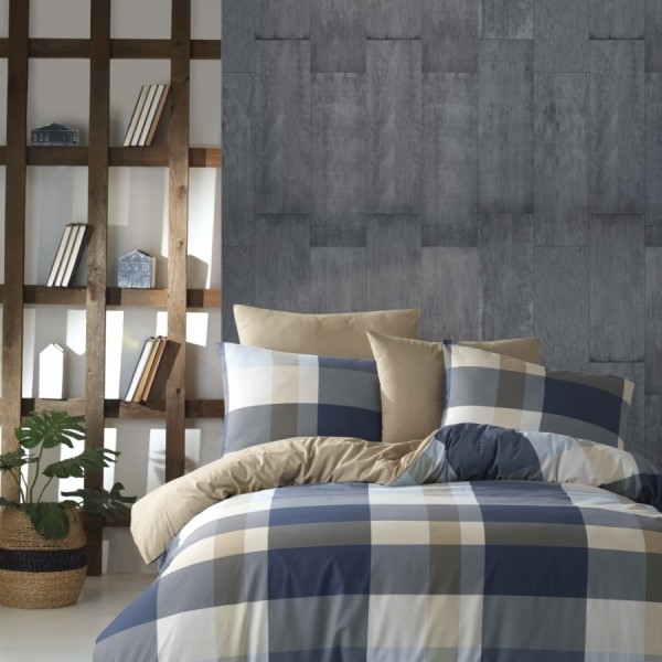 Lenjerie de pat Bahar Textile din bumbac 100% ranforce, set de 4 piese, cu design în carouri albastre și bej pe fundal gri