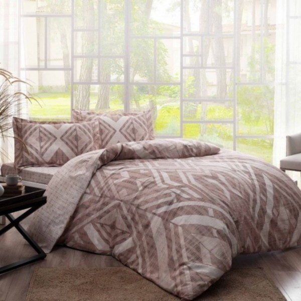 Lenjerie de pat satin de lux Avril cu design geometric alb pe fundal maro, set de 4 piese
