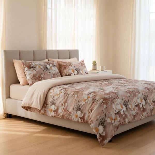 Lenjerie de pat dublu Champagne Blossom din bumbac ranforce premium cu flori albe pe fundal crem