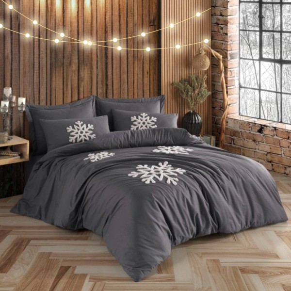 lenjerie pat dublu craciun kristal gri antracit broderie fulgi zapada class home