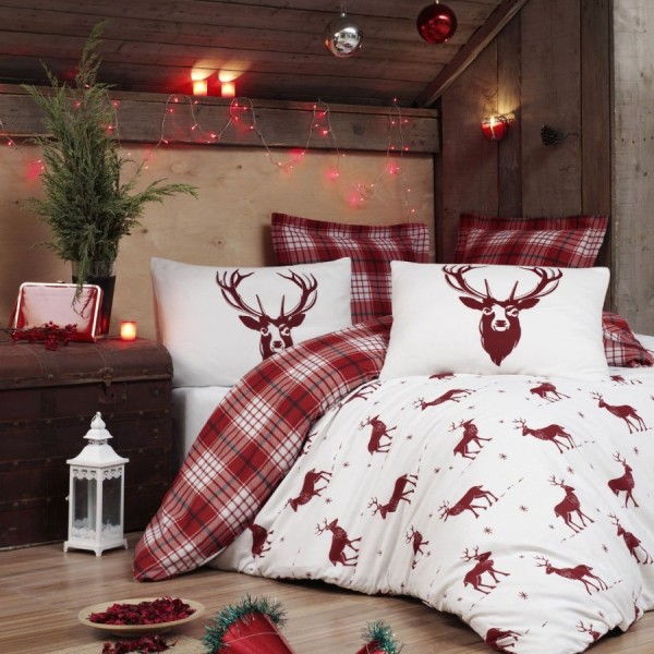 Lenjerie pat Crăciun polycotton Eponj Home cu reni roșu vișiniu pe alb