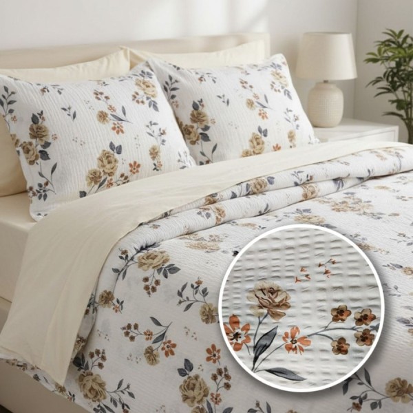 Lenjerie de pat dublu alba din bumbac 100% creponata cu model Alba cu flori bej