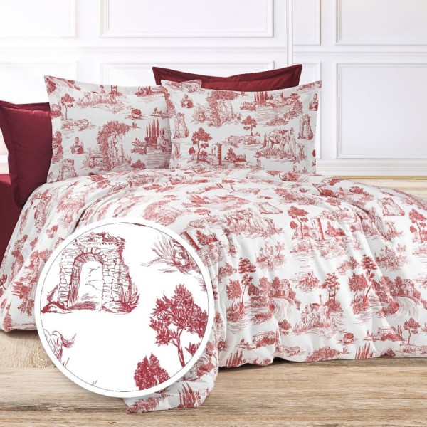 Lenjerie de pat dublu cu peisaj rustic bordo, din bumbac 100% creponat, set de 4 piese.