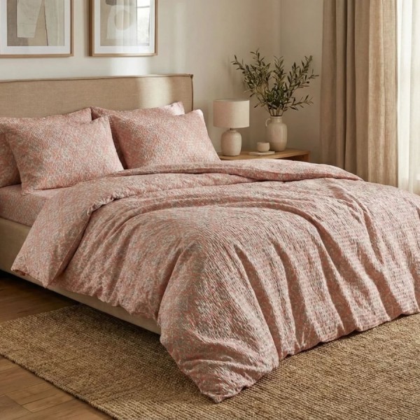 Lenjerie pat dubla creponata bumbac 100% roz ornamental Ralex Pucioasa