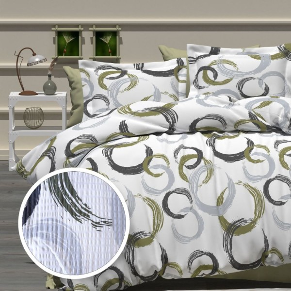 Lenjerie de pat dublu cu cercuri gri, material bumbac creponat, set 4 piese cu elastic
