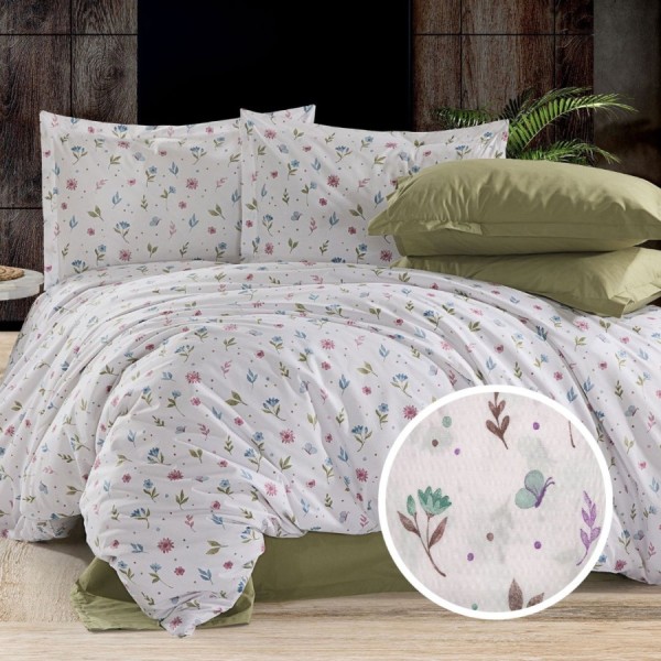 Lenjerie de pat bumbac creponat cu flori pastel, cearceaf cu elastic pentru saltea 140x200 cm