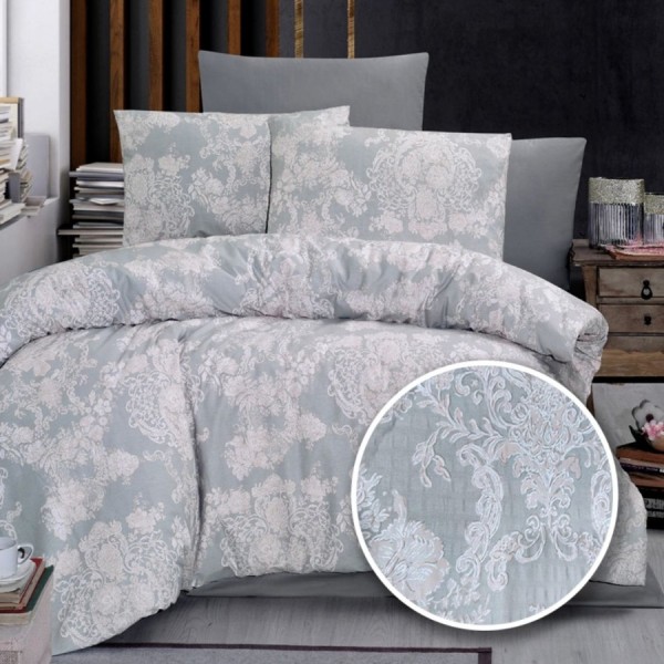 Lenjerie de pat dublu alba din bumbac 100% creponata cu elastic, model Gri cu flori