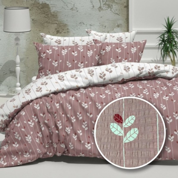 Lenjerie de pat dublu din bumbac 100% creponata cu elastic, model Roz cu frunze