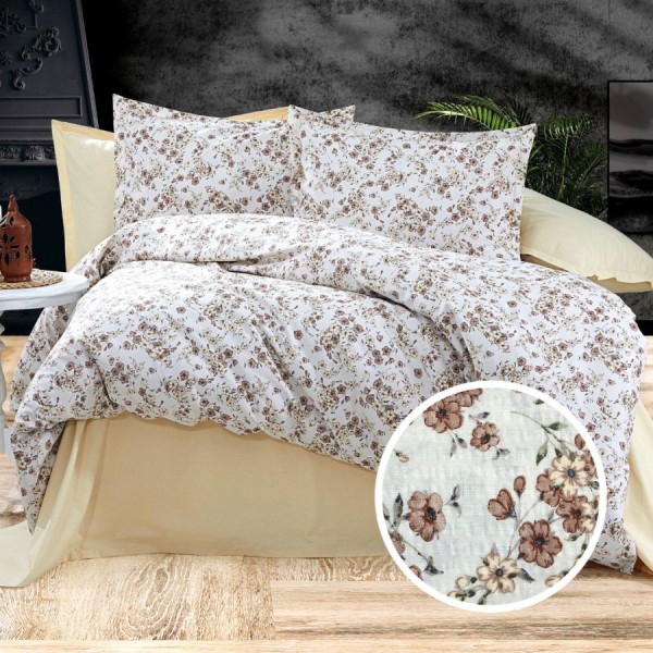 Lenjerie de pat cu floricele maro, bumbac creponat 100%, cearceaf cu elastic 160x200 cm