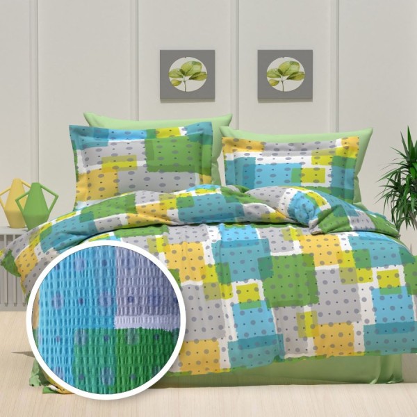 Lenjerie pat dublu creponata 160x200 cm bumbac, patrate multicolore, set 4 piese pentru saltea 160x200 cm, design delicat si elegant.