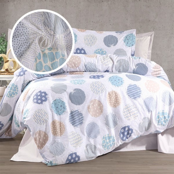 Lenjerie de pat dublu alba din bumbac 100% creponata cu elastic, model Buline albastru si bej