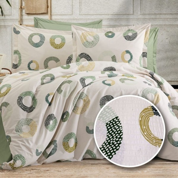 Lenjerie de pat dublu alba din bumbac 100% creponata cu elastic, model cercuri verzi