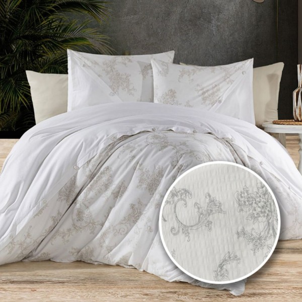Lenjerie de pat dublu alba din bumbac 100% creponata cu elastic, model Flori Gri