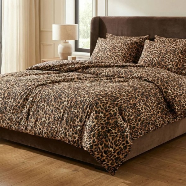 Lenjerie de pat dublu din bumbac 100% creponata cu elastic, imprimeu leopard