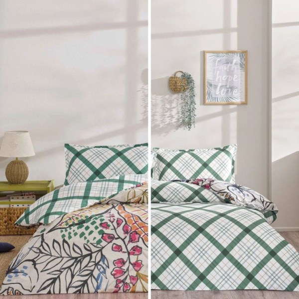 Lenjerie de pat dublu cu 2 fete TAC Greeny Verde din bumbac 100% ranforce, design geometric si floral