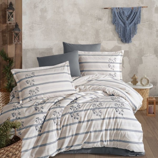 Lenjerie pat dublă bumbac ranforce cu broderie cu crengute pe nuante de gri, Clasy Home Eva