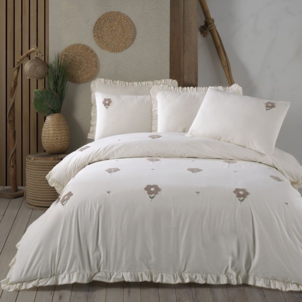 Lenjerie de pat dublu cu broderie Florita Bej Saheser bumbac 100% ranforce