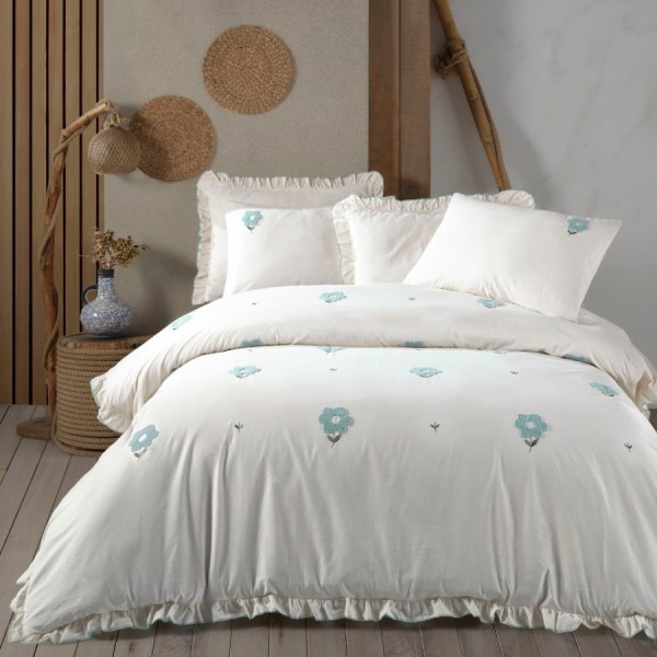 Lenjerie pat dublu broderie si volaneSaheser Florita Verde Menta