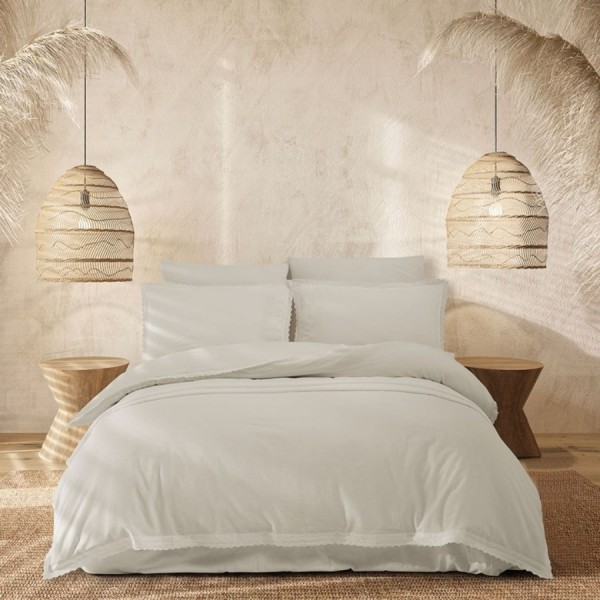 Lenjerie pat dublu cu dantela crosetata Tylia Dove ecru bumbac 100% ranforce prespalat Bahar Tekstil