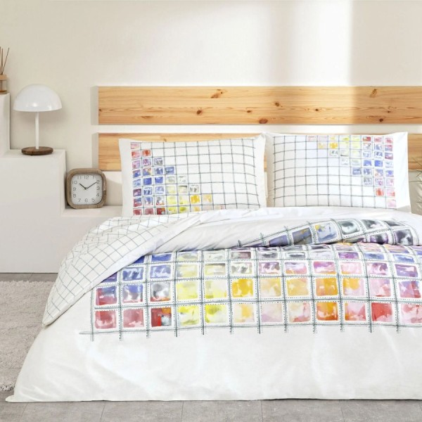 lenjerie de pat TAC Charmian bumbac ranforce cu cearceaf elastic 160x200 si model geometric multicolor pe fundal alb