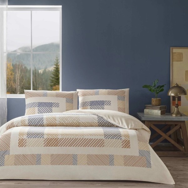 lenjerie de pat TAC Joel bumbac 100 ranforce cu cearceaf elastic 160x200 si model geometric liniar bej maro bleumarin