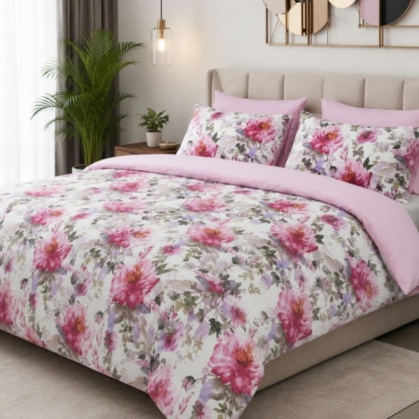Lenjerie de pat dublu cu elastic April Cotton Pro Pucioasa bumbac ranforce premium model bujori roz
