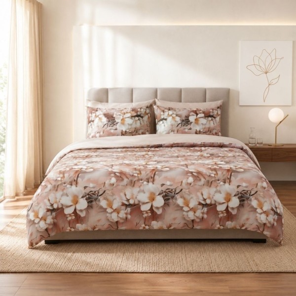 Lenjerie de pat dublu cu elastic Champagne Blossom Cotton Pro Pucioasa bumbac ranforce premium model flori albe