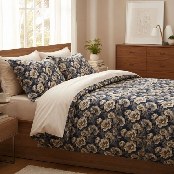 Lenjerie de pat dublu cu elastic Dark Magnolia Cotton Pro Pucioasa bumbac ranforce premium model floral cu magnolii