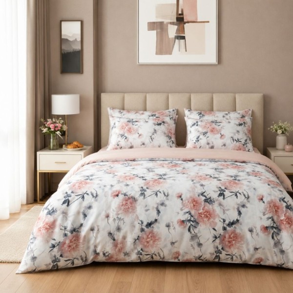 Lenjerie de pat dublu cu elastic Floral Whisper Cotton Pro Pucioasa bumbac ranforce premium model cu bujori