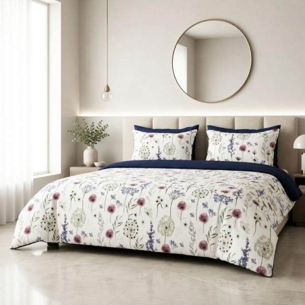 Lenjerie de pat dublu cu elastic Floreille Cotton Pro Pucioasa bumbac ranforce premium model cu flori de camp si fluturi