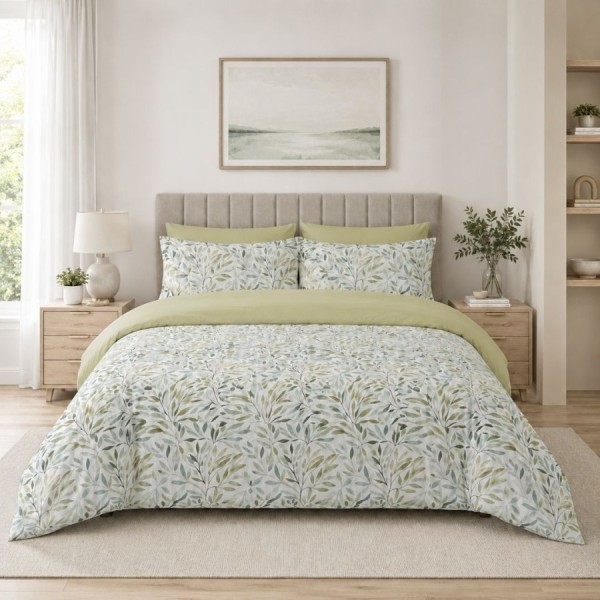 Lenjerie de pat dublu cu elastic Forest Veil Cotton Pro Pucioasa bumbac ranforce premium model cu frunze verzi